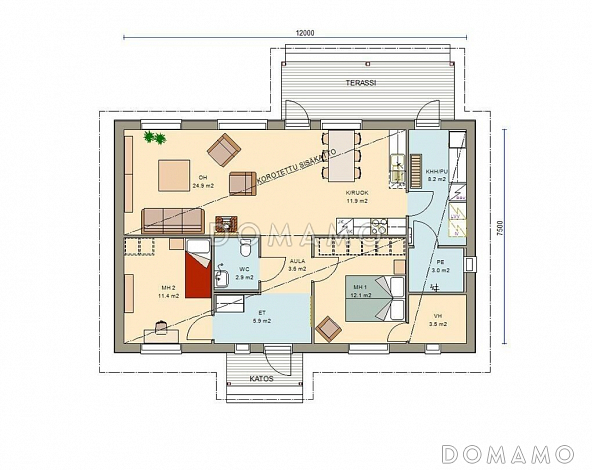 Проект одноэтажного каркасного дома с односкатной крышей / План 1 этажа