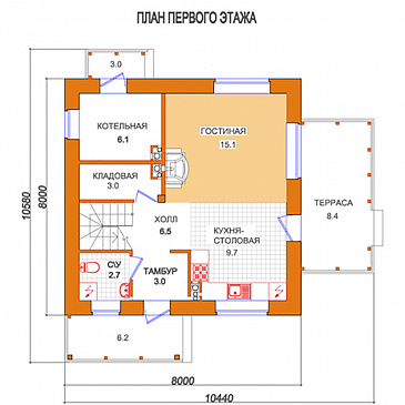 Проект компактного дома с террасой / План 1 этажа