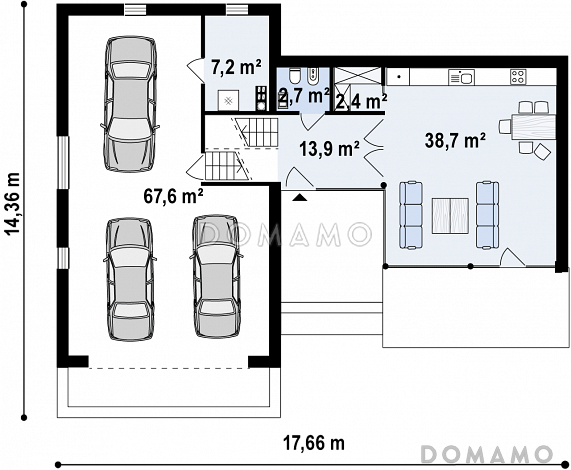 Проект современного двухэтажного дома из газобетона с плоской крышей, с двумя спальнями и подземным гаражом / План 1 этажа