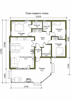 Проект одноэтажного дома с камином внутри и барбекю на террасе под крышей / План 1 этажа