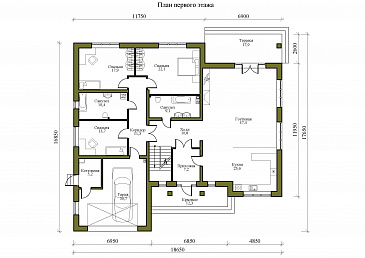 Проект одноэтажного дома с мансардой и треугольными окнами на крыше / План 1 этажа