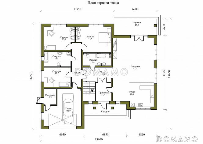 Проект одноэтажного дома с мансардой и треугольными окнами на крыше / План 1 этажа