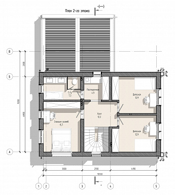 Проект дома дома с тремя спальнями, кабинетом, баней и постирочной / План мансардного этажа