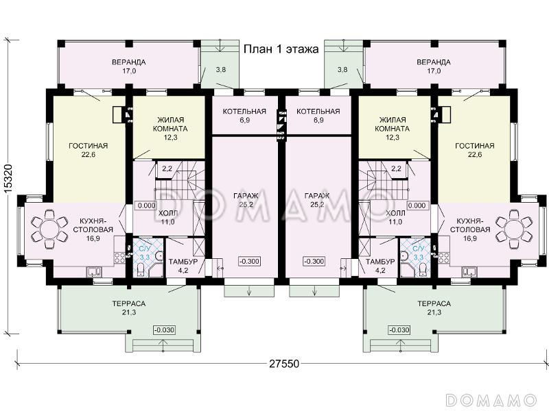 Проект двухэтажного дома на два хозяина с гаражом / План 1 этажа