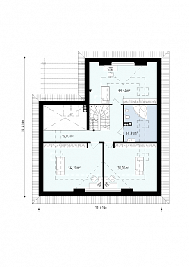 Проект просторного одноэтажного мансардного дома из газобетона с кабинетом, спальнями на обоих этаж и гаражом на два автомобиля  / План мансардного этажа