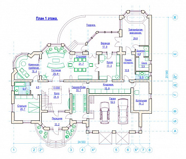 Проект солидного коттеджа с гаражом, сауной и тренажёрным залом / План 1 этажа