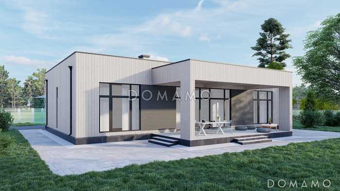 Проект одноэтажного каркасного дома в стиле хай-тек с двумя спальнями, кабинетом и крытой террасой