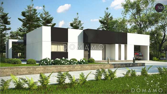 Проект современного одноэтажного дома из газобетона с плоской крышей, с тремя спальнями, террасой и навесом для двух автомобилей 