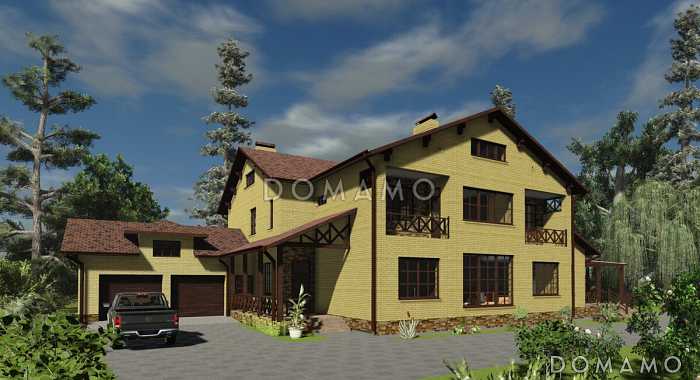Проект двухэтажного дома с цокольным этажом, бассейном и гаражом на два автомобиля