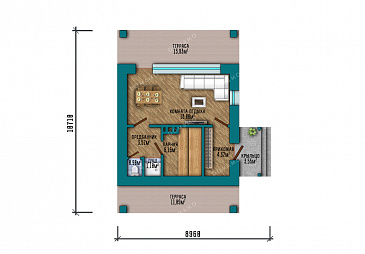 Проект компактной одноэтажной бани в классическом стиле с большой террасой, витражным остеклением и просторной комнатой отдыха / План 1 этажа