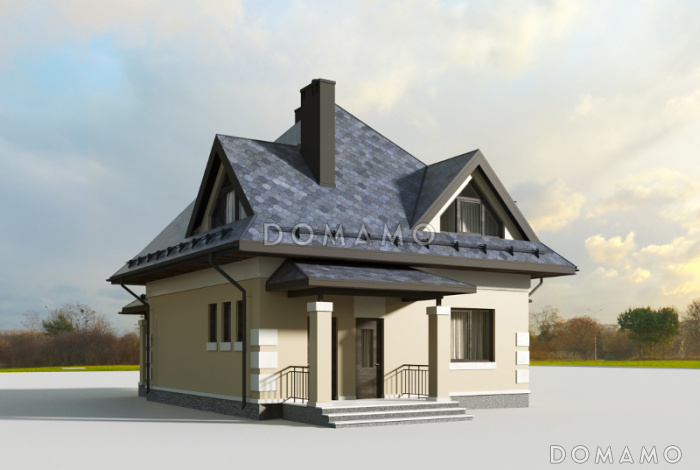 Проект дома с эркером в кухне, террасой, гостевой комнатой на первом этаже