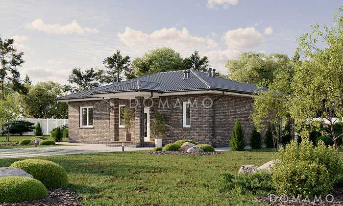 Проект одноэтажного прямоугольного дома с отделкой фасада кирпичом, одной внутренней несущей стеной, тремя спальнями и большой кухней-гостиной с выходом на крытую террасу