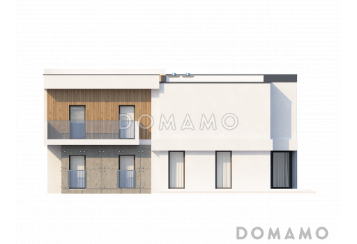 Проект просторного современного двухэтажного дома из газобетона, с пятью комнатами, гаражом и двумя лоджиями / Фасад 3