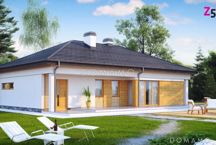 Проект одноэтажного дома из газобетона с дневной зоной в тыльной части дома и выходом на большую террасу и гаражом на два автомобиля