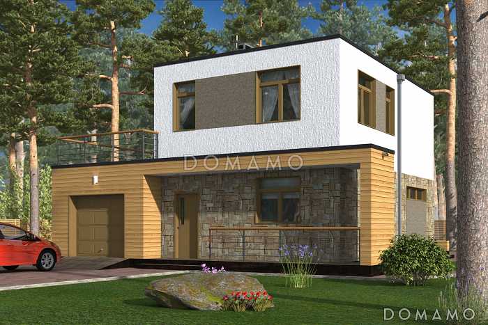 Проект дома с просторной открытой террасой, гаражом, спальнями и большим балконом-террасой на втором этаже