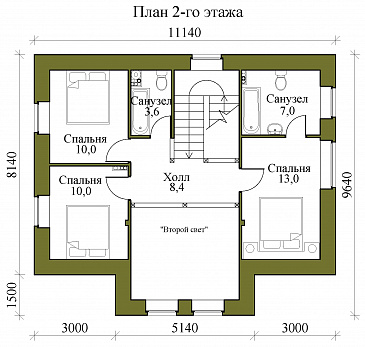 Проект двухэтажного каркасного дома со вторым светом, просторной крытой террасой и сауной / План 2 этажа