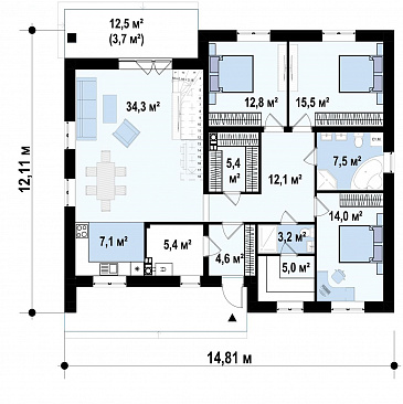 Проект современного дома с мансардным этажом, кладовой, душевой и сауной на первом этаже / План 1 этажа