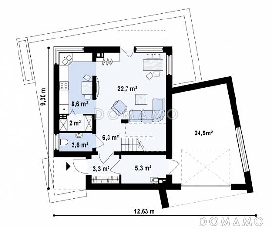 Проект двухэтажного дома из кирпича в стиле кубизм со спальной зоной на втором этаже и с гаражом / План 1 этажа