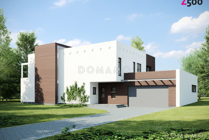 Проект современного просторного двухэтажного дома из кирпича в стиле кубизм с гаражом и террасой над ним