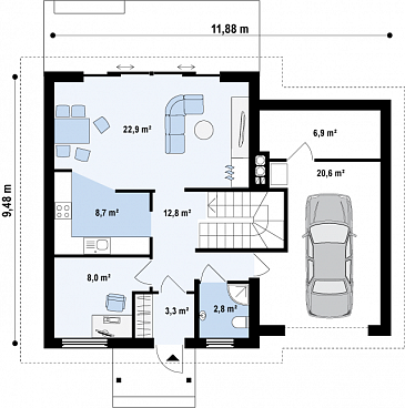 Проект классического одноэтажного мансардного дома из газобетона с четырьмя спальнями и гаражом / План 1 этажа