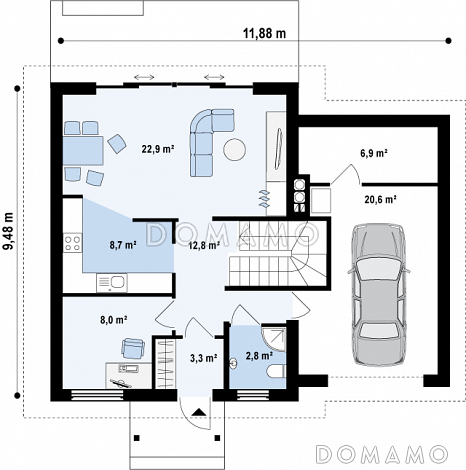 Проект классического одноэтажного мансардного дома из газобетона с четырьмя спальнями и гаражом / План 1 этажа