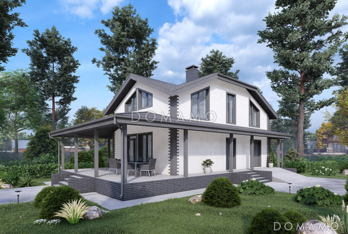 Проект мансардного дома с сауной, летним душем и большой крытой террасой