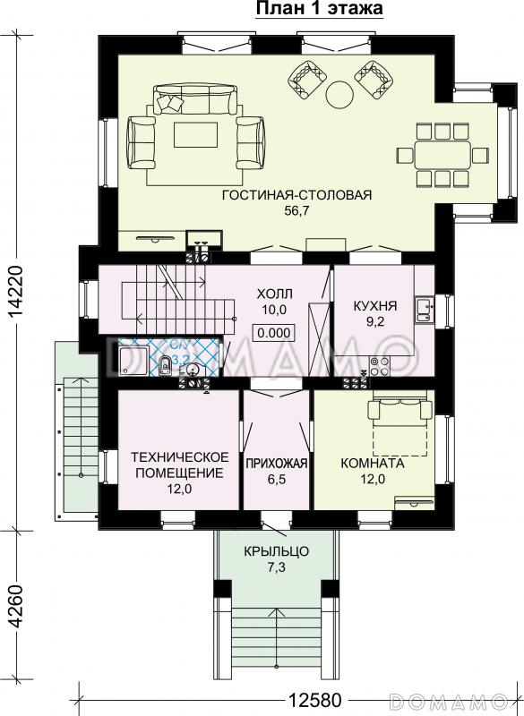 Проект кирпичного трехэтажного особняка / План 1 этажа