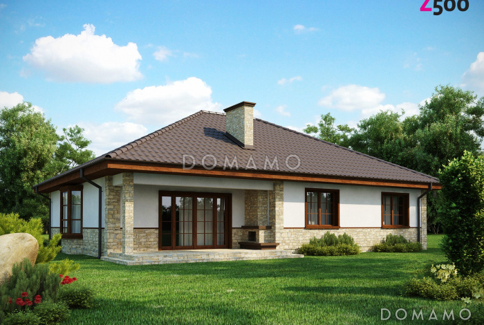 Проект одноэтажного дома из газобетона с зоной барбекю на террасе 