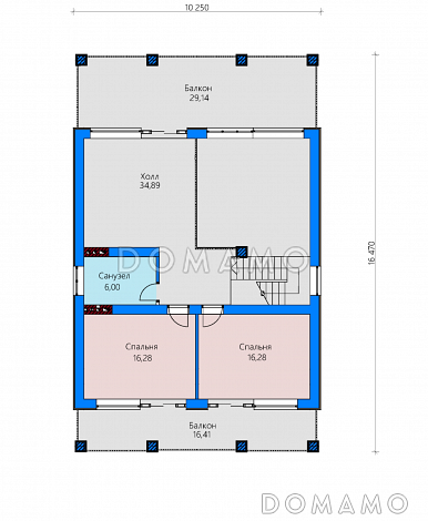 Проект дома с террасами и балконами, спальней на первом этаже, большой кухней столовой, просторным холлом / План 2 этажа