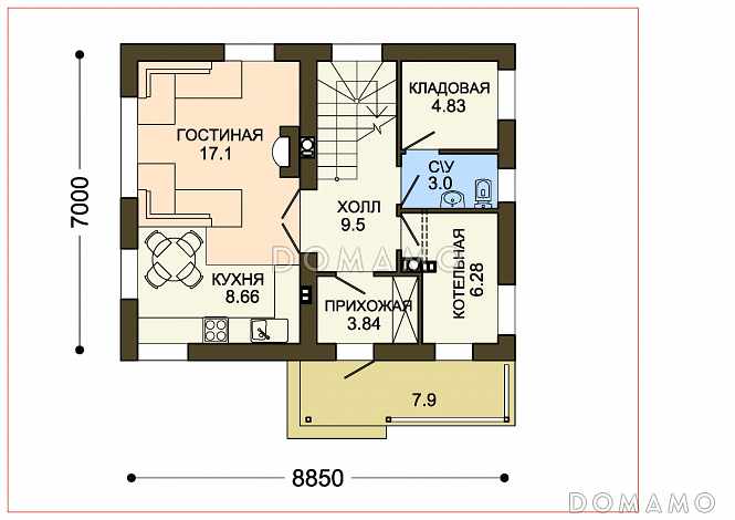Проект двухэтажного дома с террасой при гостиной / План 1 этажа