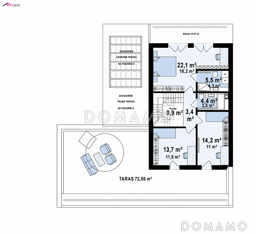 Проект дома с большой террасой на мансардном этаже и гаражом / План мансардного этажа
