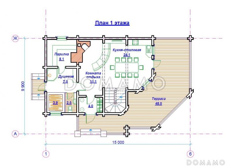 Проект бани из бруса с бильярдной / План 1 этажа