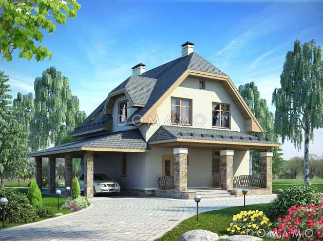 Проект дома из пеноблоков с мансардой и навесом для автомобиля