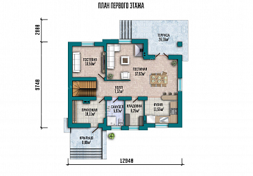 Проект одноэтажного дома с мансардой, большой террасой и подвалом / План 1 этажа