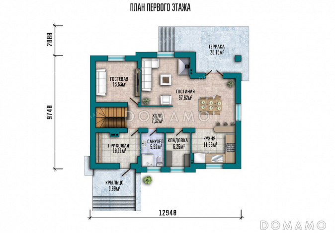 Проект одноэтажного дома с мансардой, большой террасой и подвалом / План 1 этажа