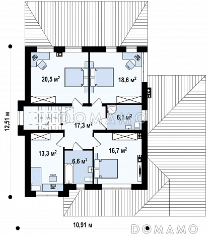 Проект двухэтажного дома с круглым окном, гаражом, просторной дневной зоной,  спальней и комнатой отдыха с сауной / План 2 этажа