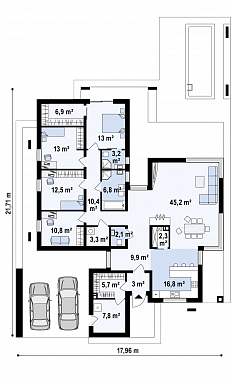 Проект просторного современного одноэтажного дома из газобетона с плоской крышей с четырьмя спальнями, террасой и крытым навесом для двух автомобилей / План 1 этажа