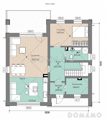 Проект коттеджа с совмещенной кухней-гостиной, спортзалом на мансардном этаже, балконом и окнами в пол / План 1 этажа