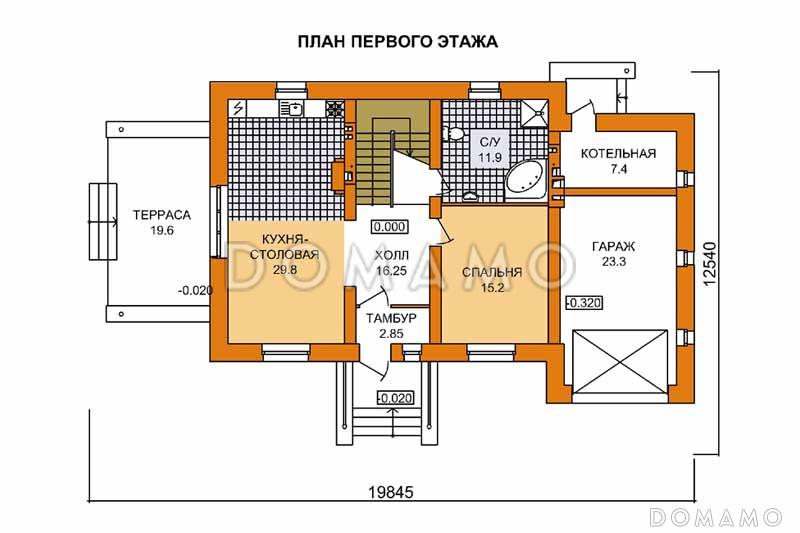 Проект дома из пеноблоков с террасой имеющей прозрачный навес / План 1 этажа