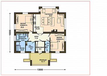 Проект одноэтажного дома с двуцветной облицовкой и большим эркером гостиной / План 1 этажа