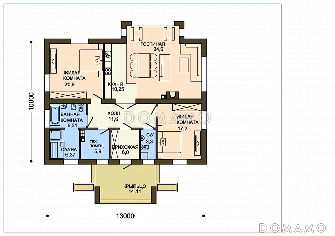 Проект одноэтажного дома с двуцветной облицовкой и большим эркером гостиной / План 1 этажа