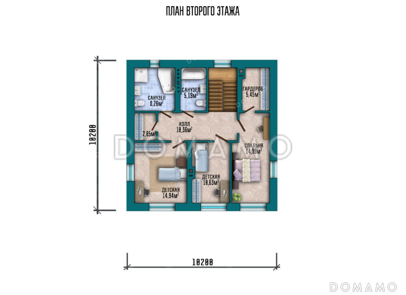 Проект двухэтажного дома с тремя спальнями и вальмовой крышей / План 2 этажа