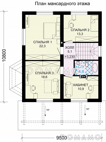 Проект загородного дома с крытой террасой и просторными спальными комнатами из SIP панелей / План мансардного этажа