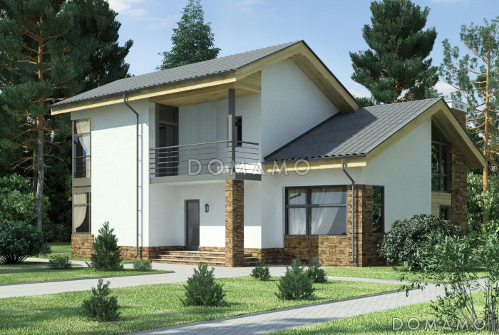 Проект загородного дома с панорамным окном в гостиной и спальне на мансардном этаже, крытой террасой с выходом из кухни-столовой, спальней на первом этаже