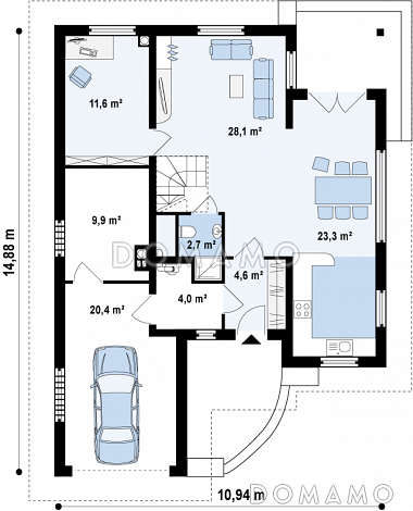 Проект мансардного дома из кирпича с кабинетом, гаражом и техническим помещением / План 1 этажа