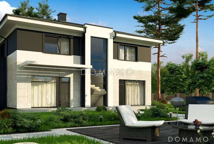 Проект современного двухэтажного дома из газобетона с четырьмя спальнями, кабинетом и большим гаражом