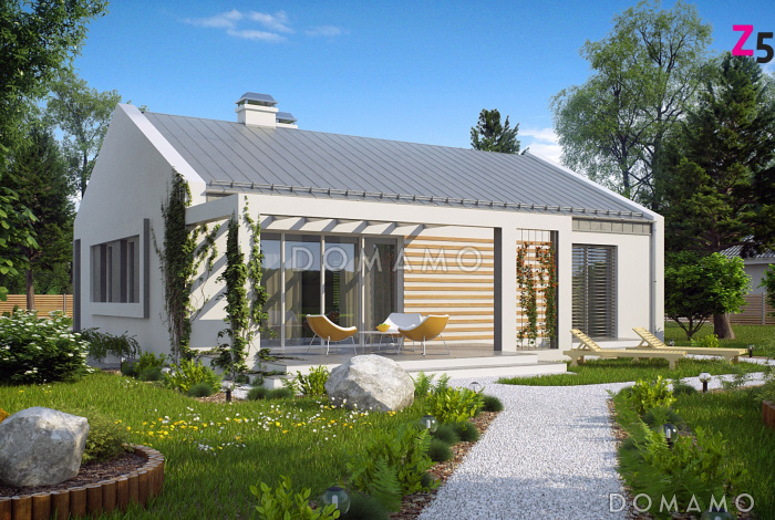 Проект одноэтажного дома из кирпича с современными элементами дизайна, с двумя спальнями и просторной дневной зоной