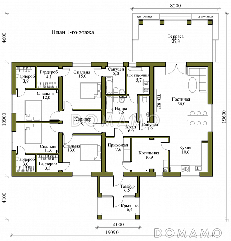 Проект одноэтажного кирпичного дома с цветочной террасой и просторной кухней-гостиной / План 1 этажа