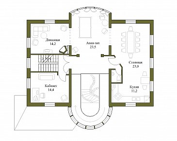 Проект трёхэтажного коттеджа с башенкой и пандусом / План 2 этажа