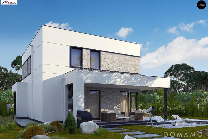 Проект дома со светлой гостиной, кладовой в кухне, спальней на первом этаже, мастер-спальней  на втором этаже